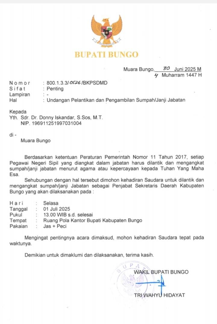 Dedy Putra Akan Lantik Donny Iskandar Sebagai Penjabat Sekda Bungo