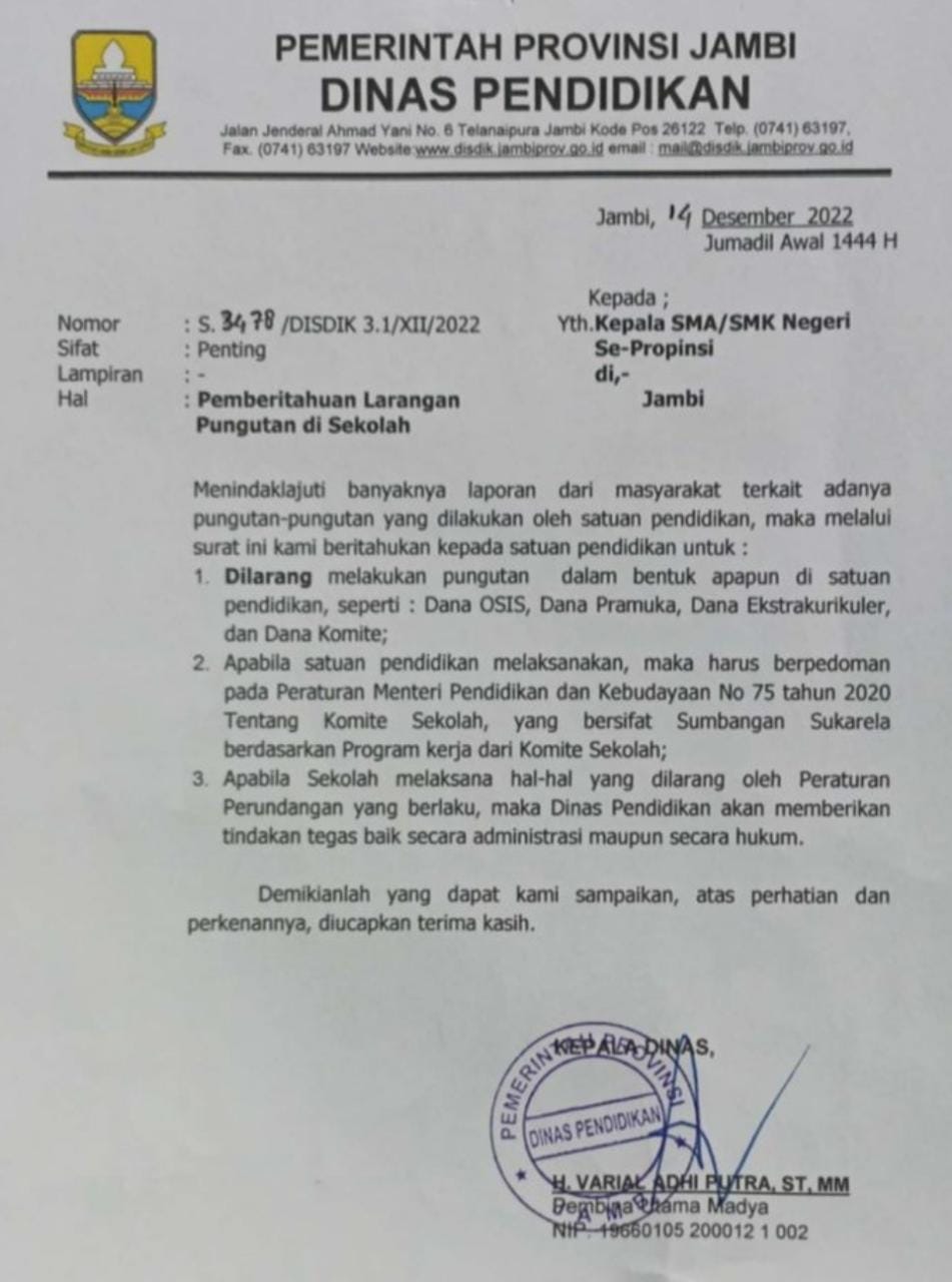 Banyak Aduan, Disdik Provinsi Jambi Keluarkan Surat Larangan Pungli di SMA/SMK Negeri, Ini Isinya