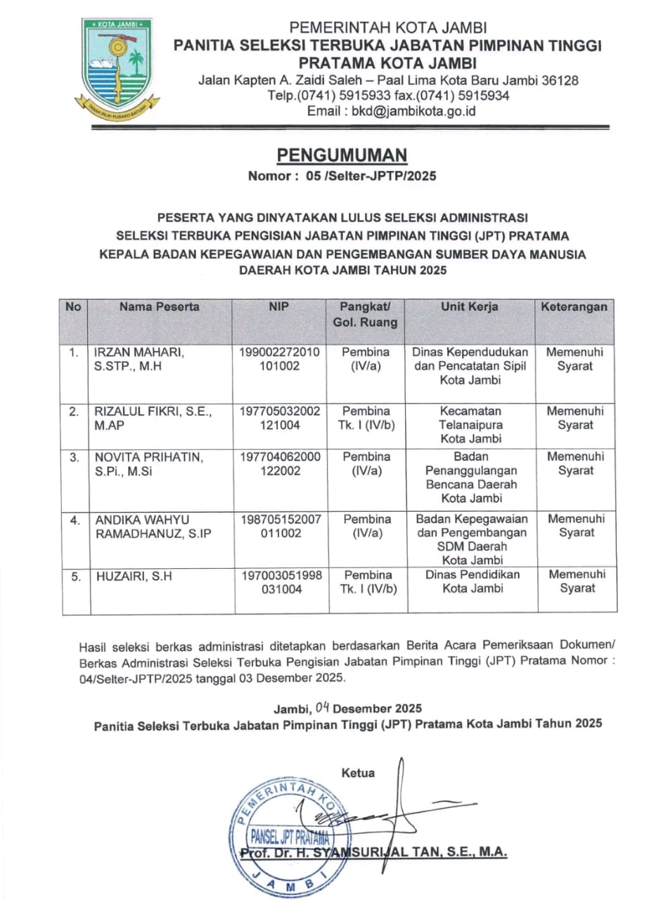 Lelang Jabatan Pemkot Jambi! 35 Nama Lolos Administrasi, Siapa yang Bakal Dipilih? 