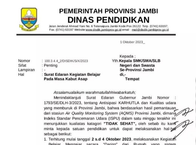 Kualitas Udara Tidak Sehat, Disdik Provinsi Jambi Keluarkan Surat Edaran SMA/SMK Belajar dari Rumah