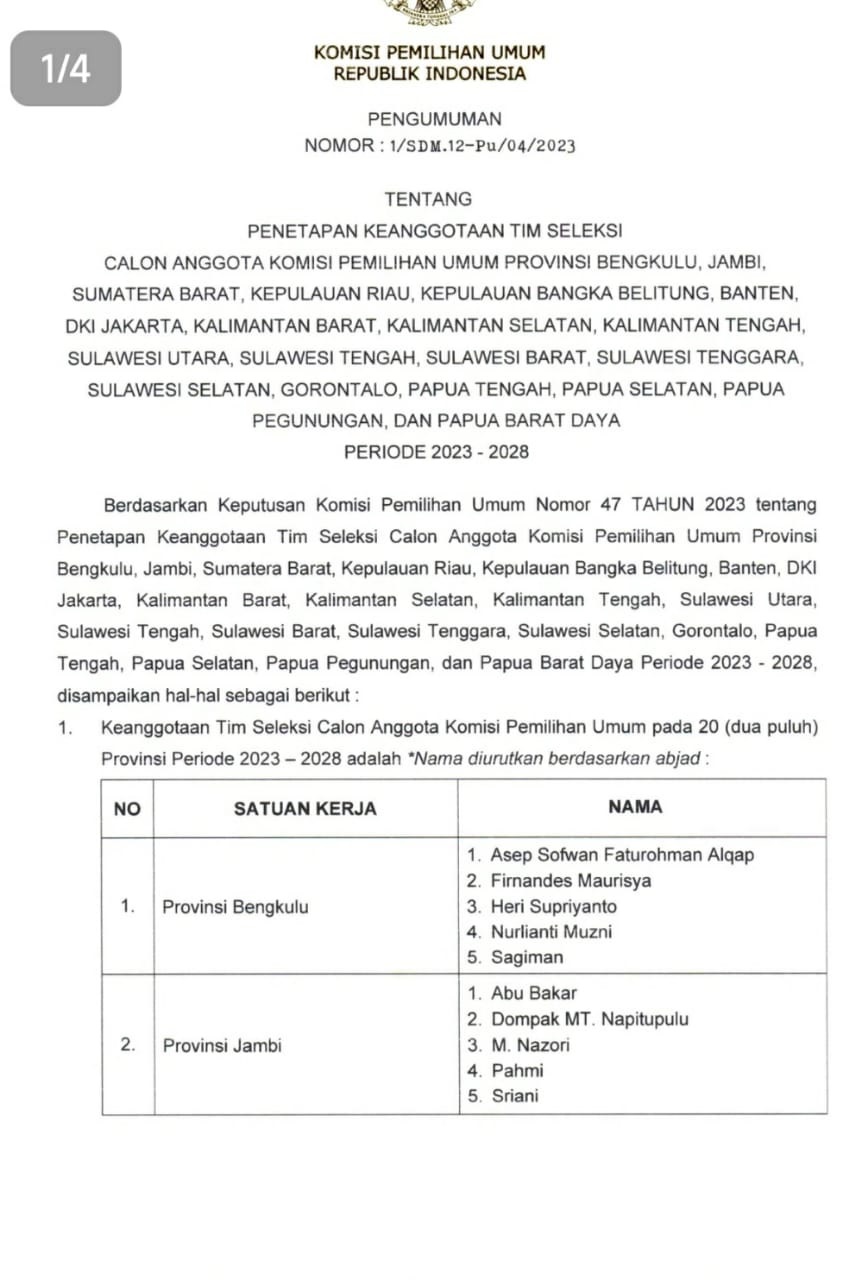 BREAKING NEWS: KPU RI Umumkan Timsel Calon Anggota KPU Provinsi Jambi 