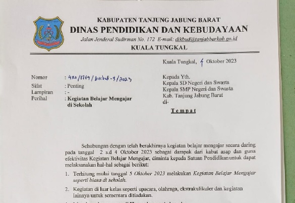 Besok, Sekolah di Tanjab Barat Kembali Normal