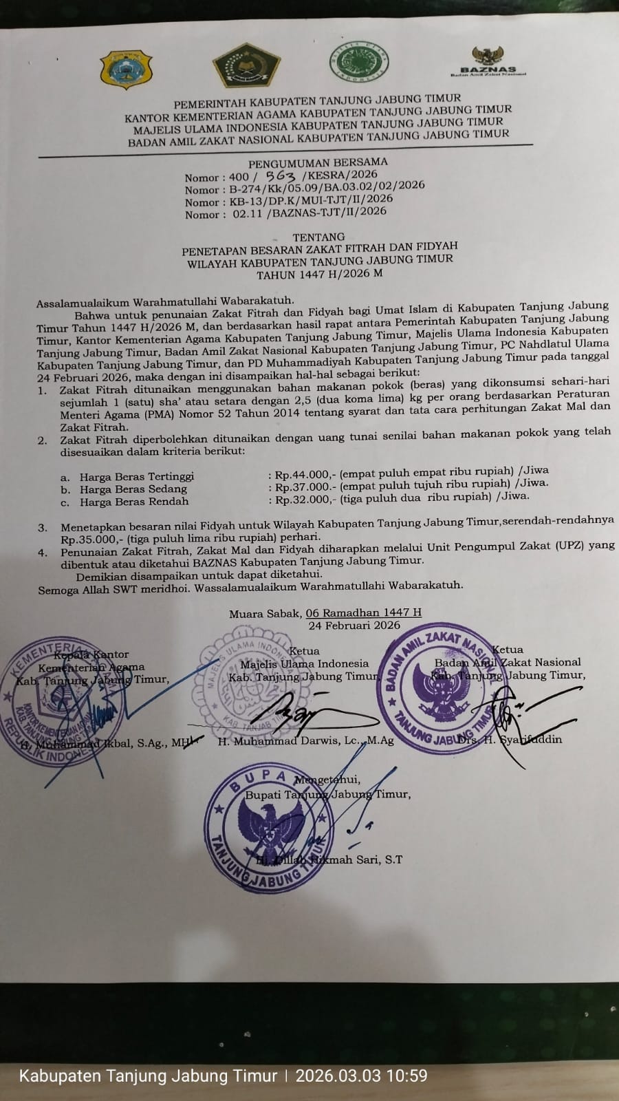 Zakat Fitrah Tanjabtim 2026 Resmi Ditetapkan