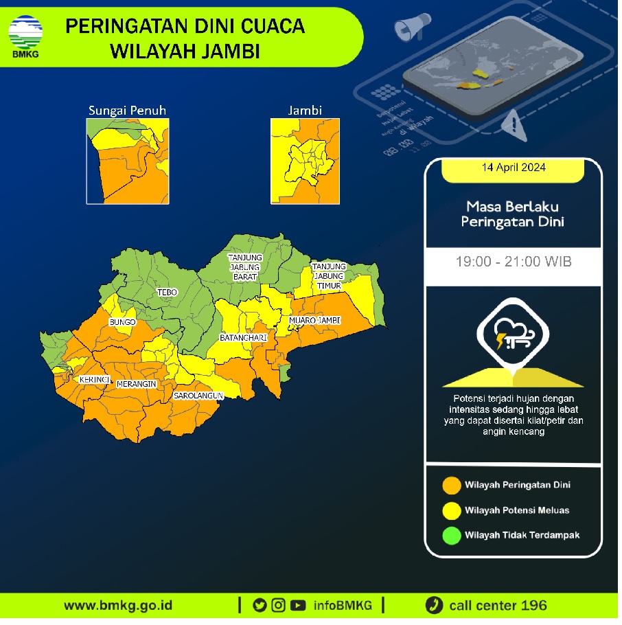 Peringatan Dini Cuaca di Jambi, 9 Daerah Potensi Hujan Lebat Disertai Angin Kencang, Ini Daerahnya