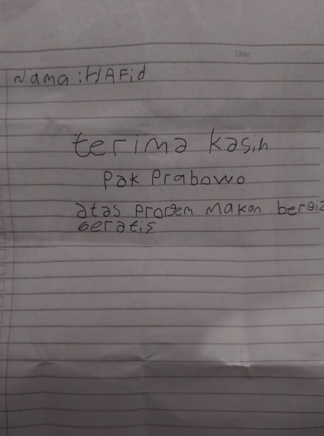 Tulus Dari Hati ! Siswa di Jambi Beri Surat Untuk Presiden Prabowo : Terimakasih Atas Program MBG