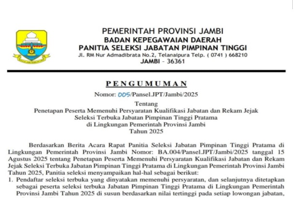 Lelang Jabatan 6 Kepala OPD Pemprov Jambi Diserbu Pendaftar, Berikut Daftar 50 Nama Masuk Babak Selanjutnya 