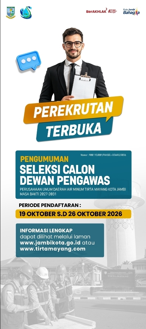 Pemkot Jambi Buka Seleksi Dewan Pengawas Tirta Mayang, Lulusan S-1 Bisa Daftar