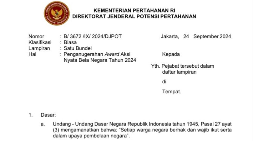 Buruan Ikutan! Kemenhan Selenggarakan Penganugerahan Award Aksi Kepada Nyata Bela Negara 2024, Syaratnya..