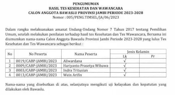 Timsel Umumkan 4 Besar Calon Bawaslu Provinsi Periode 2023-2028, Berikut Nama-Namanya