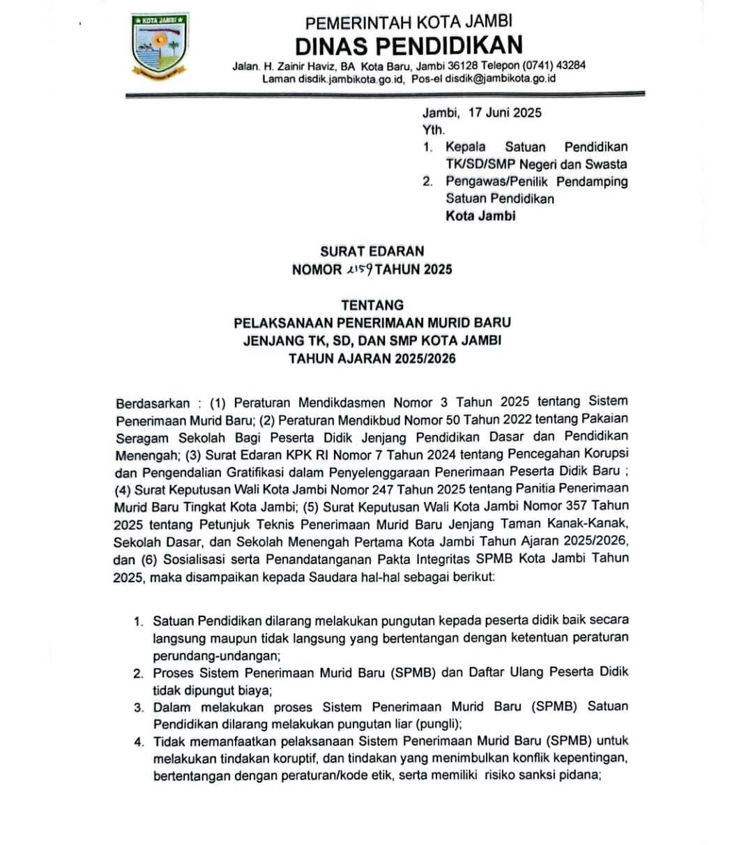 Surat Edaran! SD-SMP Negeri di Kota Jambi Dilarang Jual Seragam dan Lakukan Pungutan