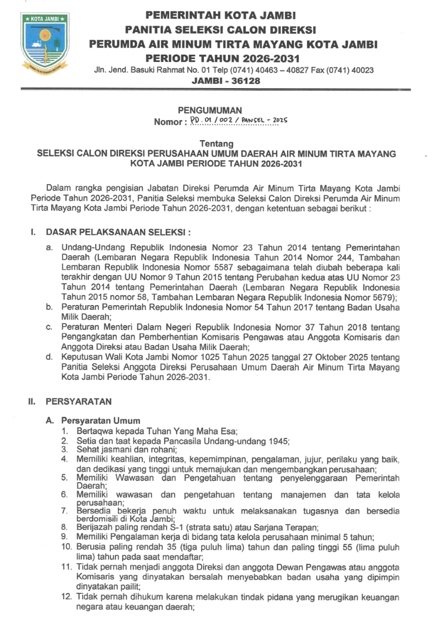 Resmi Dibuka! Seleksi Direksi Perumda Tirta Mayang Kota Jambi, Tanpa Pungutan Biaya