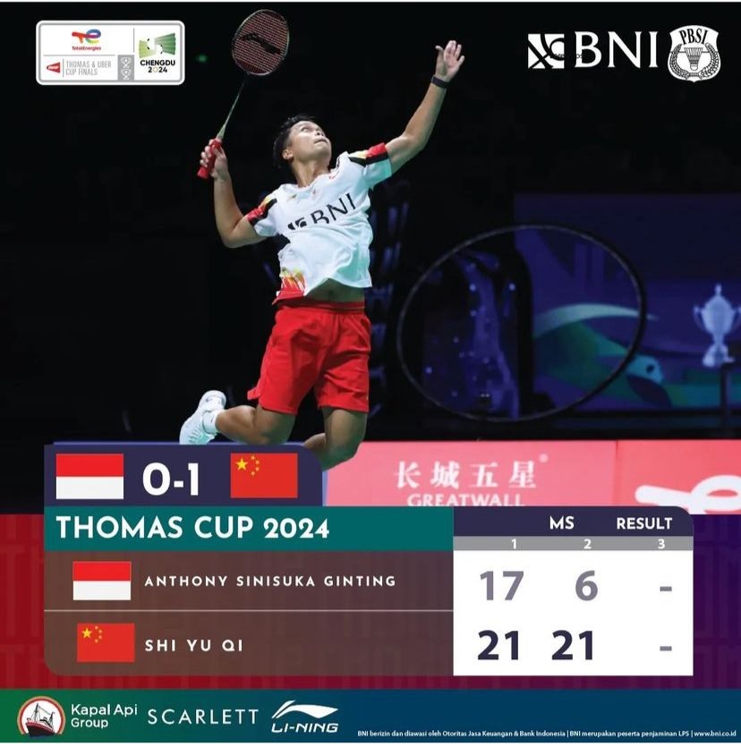 Ginting Kalah dari Shi Yu Qi, Indonesia Ketinggalan 1-0