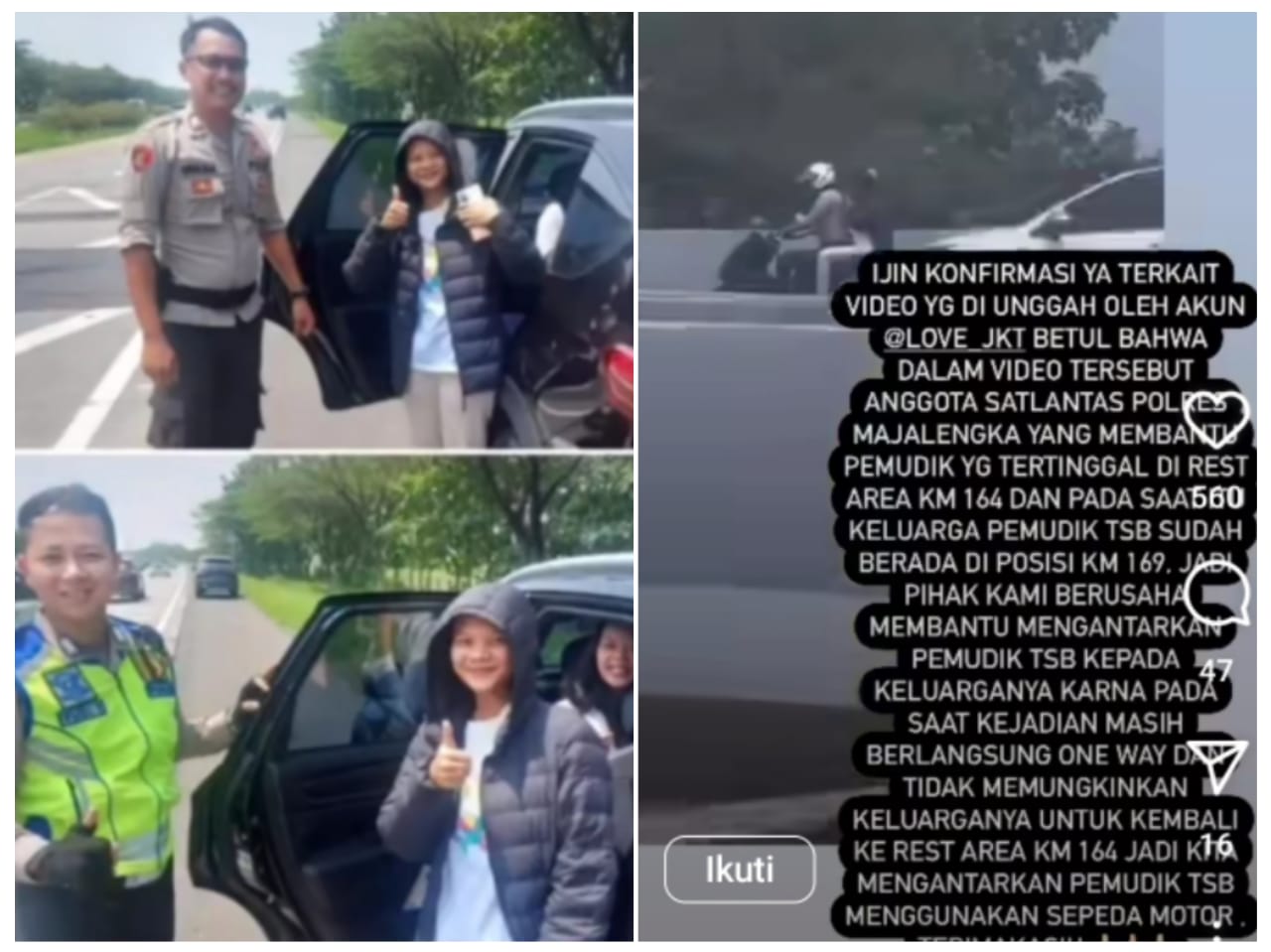 Terjadi Lagi, Pemudik Ketinggalan di Rest Area Diantar Pak Polisi Nyusul Mobilnya Naik Motor Patroli