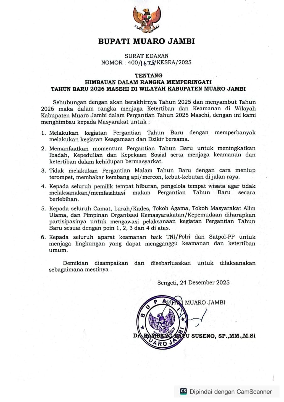 Bupati Muaro Jambi Larang Terompet dan Kembang Api Saat Tahun Baru 2026