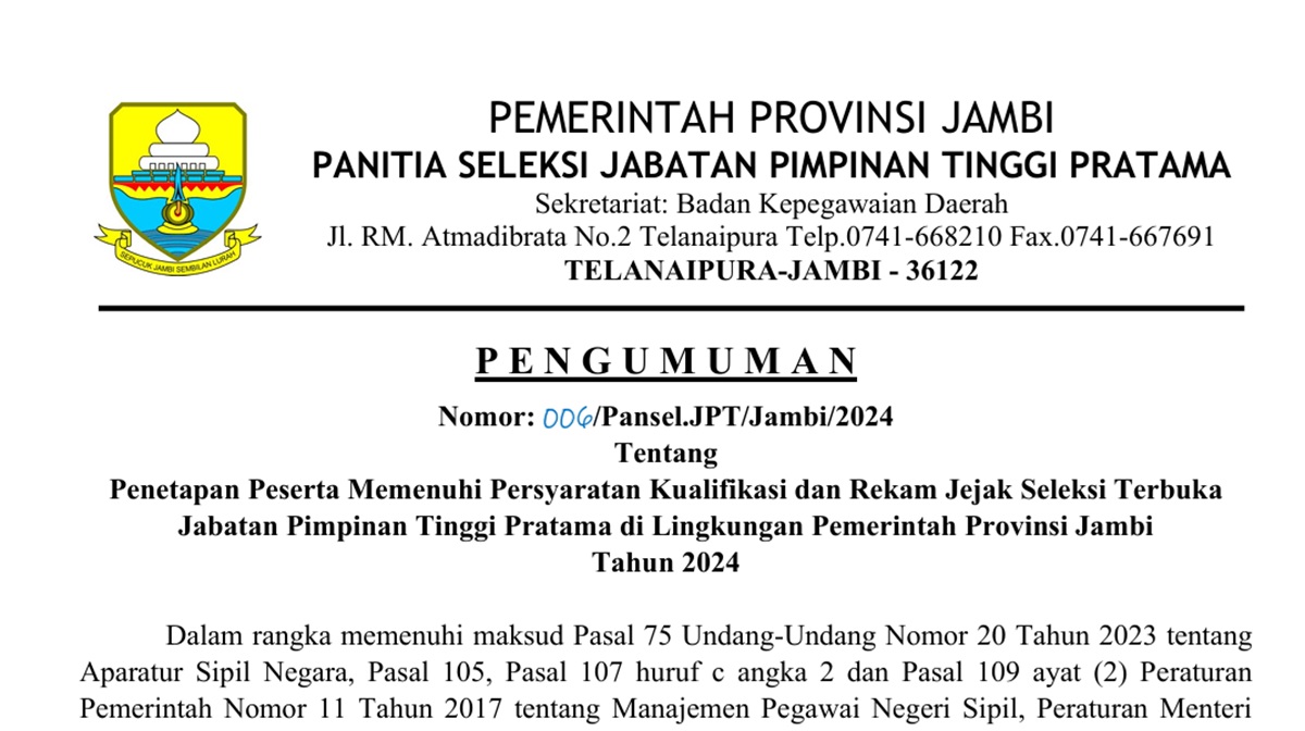 Nama-nama 67 Pelamar Lelang Jabatan 4 Kepala Biro Pemprov Jambi yang Lolos Kualifikasi