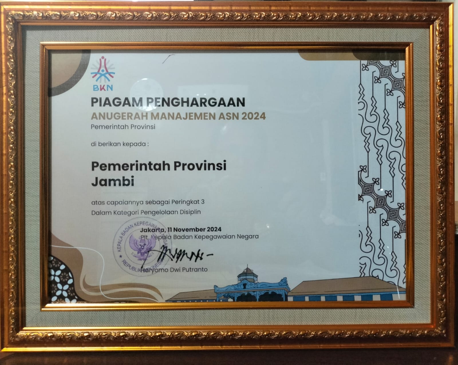 Provinsi Jambi Raih 2 Penghargaan Peringkat 3 Nasional Anugerah Manajemen ASN 2024