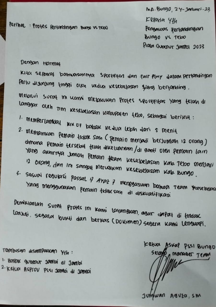 Merasa Dirugikan, PSSI Bungo Resmi Layangkan Surat Protes