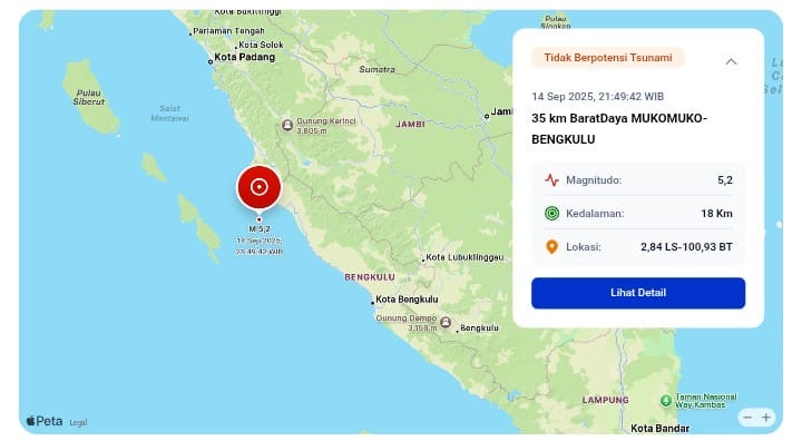 BREAKING NEWS: Gempa 5,2 SR di Muko-Muko, Terasa Kuat di Kerinci-Sungai Penuh