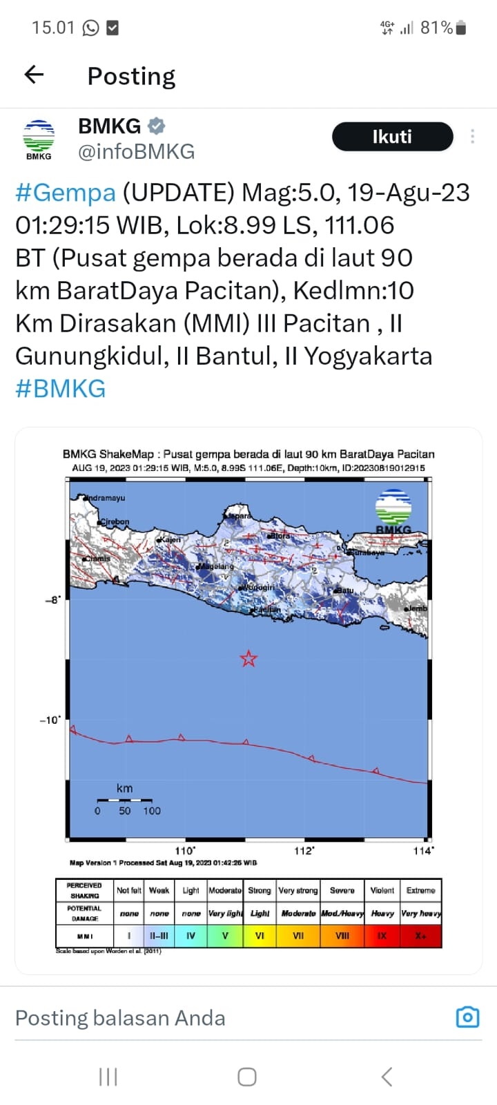  Kabupaten Pacitan Digoyang Gempa 5 Magnitudo
