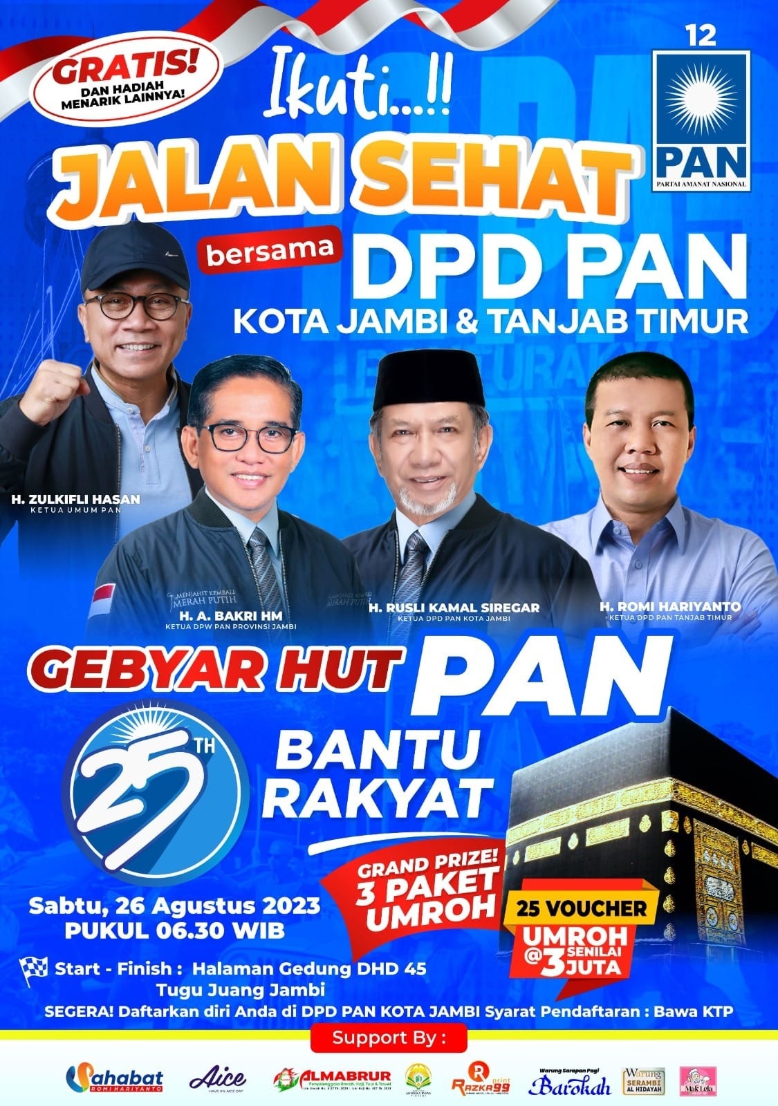 Siap-Siap, DPD PAN Kota Jambi Sediakan Grand Prize  Tiga Paket Umroh Dalam Jalan Sehat HUT PAN Ke-25 