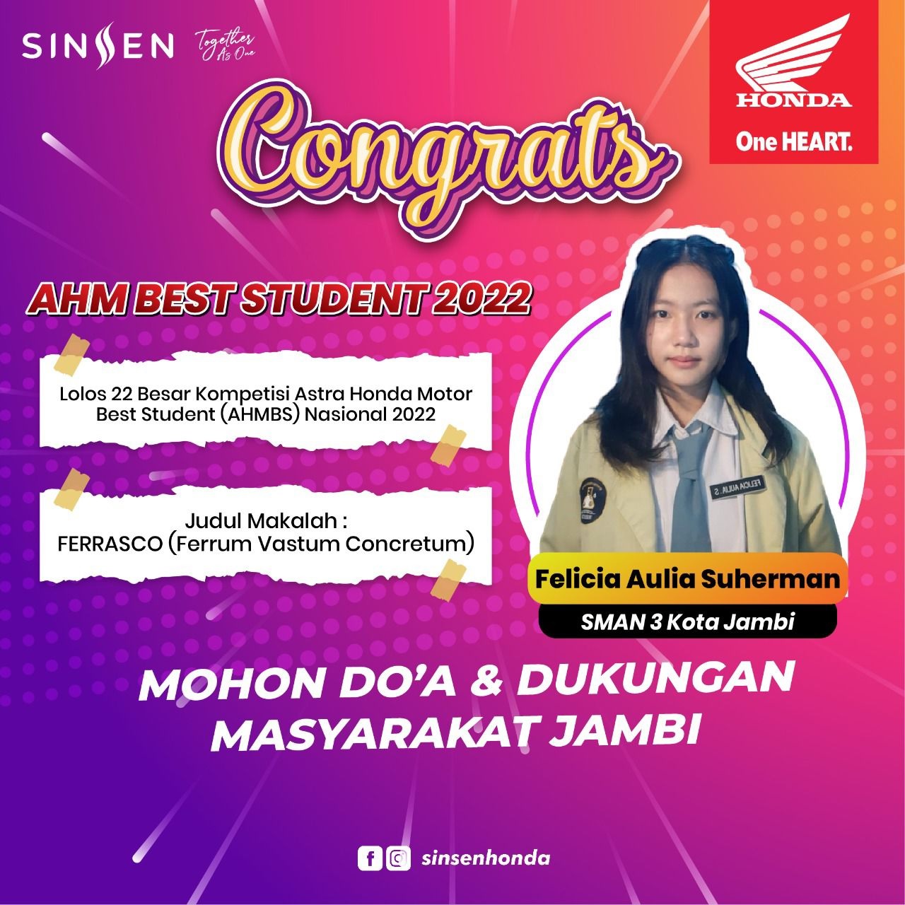 Felicia Aulia Suherman, Siswi SMAN 3 Jambi Masuk 22 Besar Kompetisi AHM Best Student Nasional 2022 