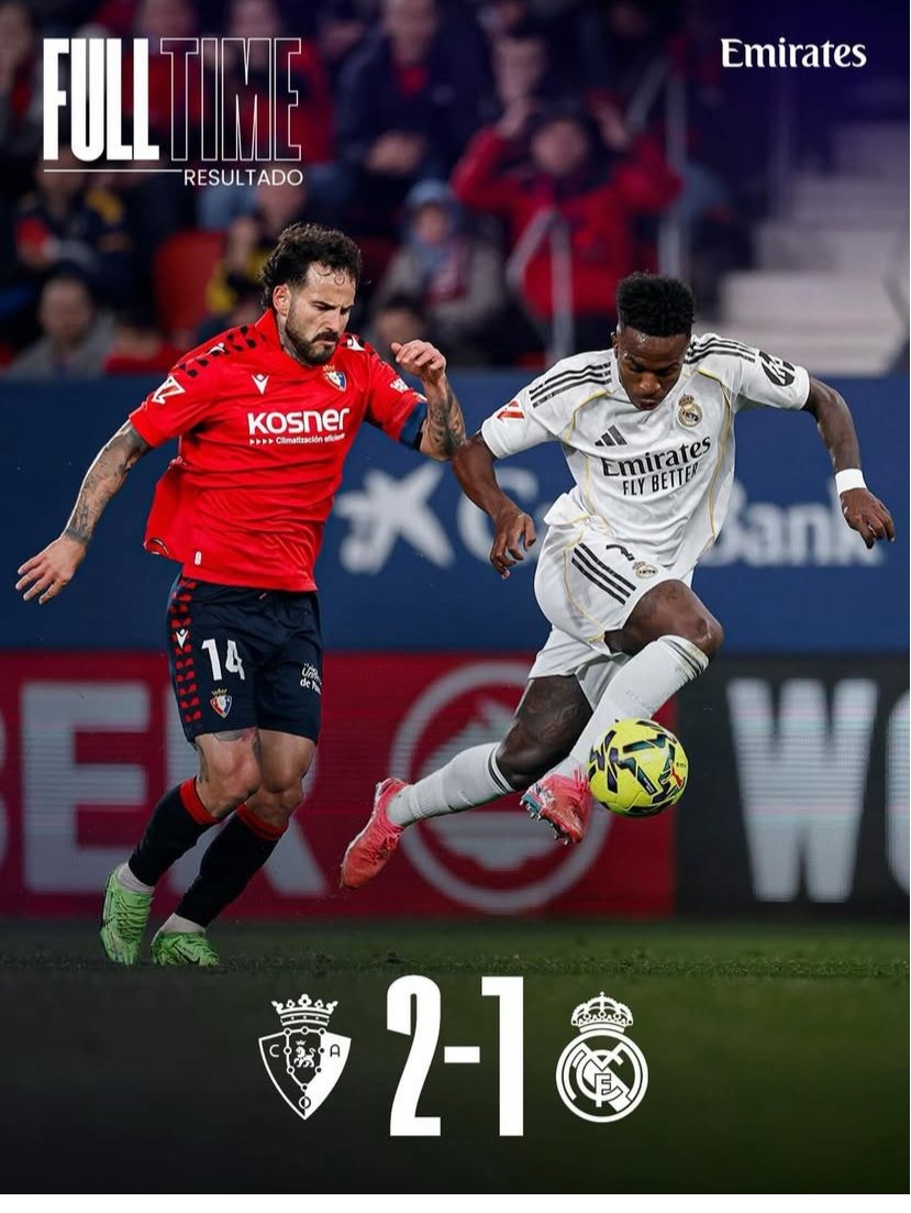 Disikat Osasuna 2-1, Posisi Real Madrid Terancam 