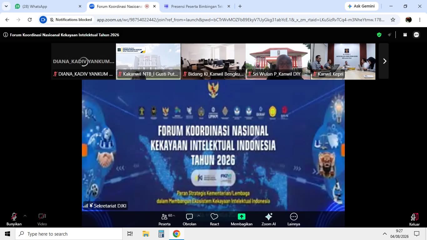 Perkuat Daya Saing Inovasi, Kanwil Kemenkum Jambi Ikuti Forum Koordinasi Nasional KI Indonesia 2026