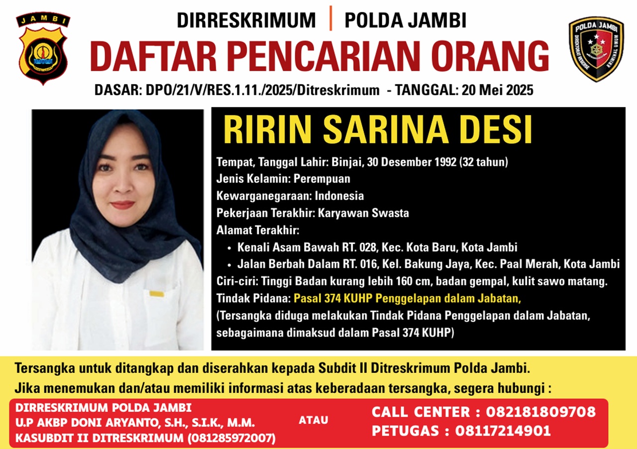 Ririn Sarina Desi Masuk Daftar Pencarian Orang (DPO) Polda Jambi