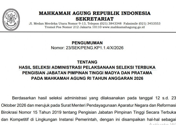 Hasil Seleksi Administrasi JPT Madya dan Pratama Mahkamah Agung TA 2026 Diumumkan, Ini Nama-Namanya