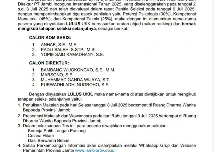 Pansel Umumkan Hasil Uji Kelayakan dan Kepatutan Calon Komisaris-Direktur PT JII,  Ini Nama Yang Lulus Seleksi