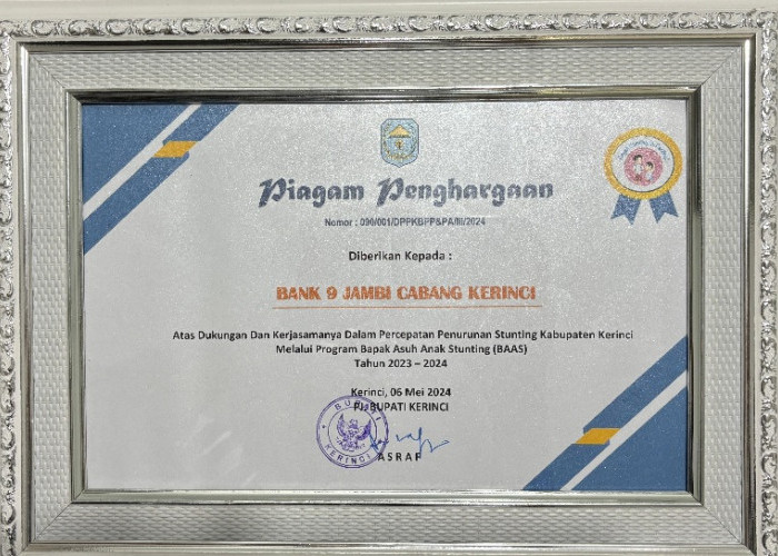Bank Jambi Raih Piagam Penghargaan dari Pemkab Kerinci