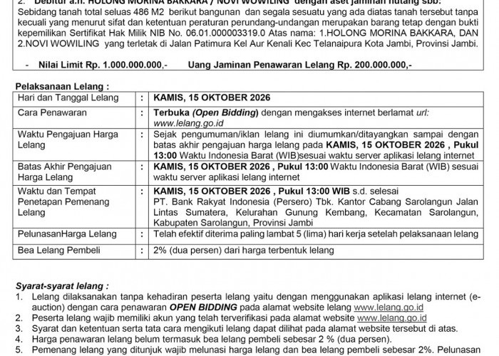 Pengumuman Kedua Lelang Eksekusi Hak Tanggungan BRI Debitur a.n Maya RW & Holong Morina Bakkara/Novi Wowiling