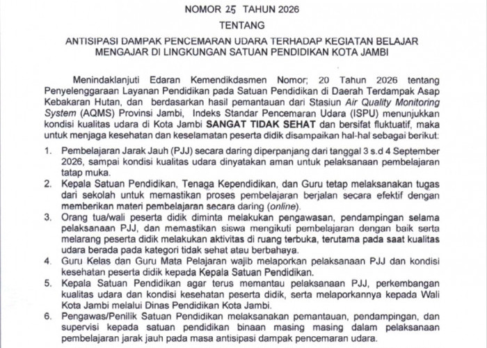 Berubah! PJJ Kota Jambi Diperpanjang hingga 4 September, Kualitas Udara Fluktuasi 
