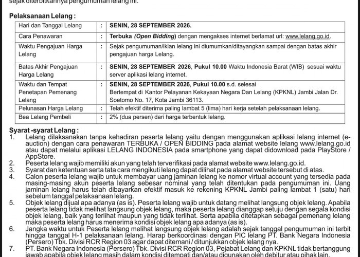 PENGUMUMAN KEDUA LELANG EKSEKUSI HAK TANGGUNGAN BNI Debitur Atas Nama Holisoh