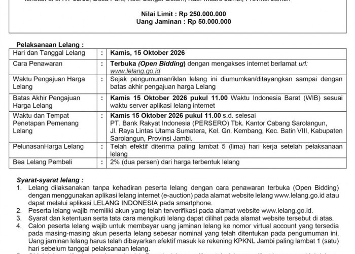 Pengumuman Kedua Lelang Eksekusi Hak Tanggungan BRI Debitur a.n Rano Karno dan Kabul Qoironi