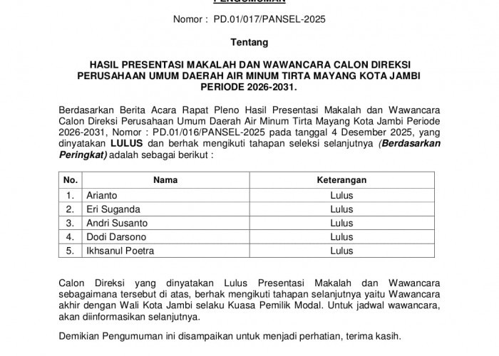 Lima Besar Diumumkan, Ini Nama-nama Calon Direksi Tirta Mayang