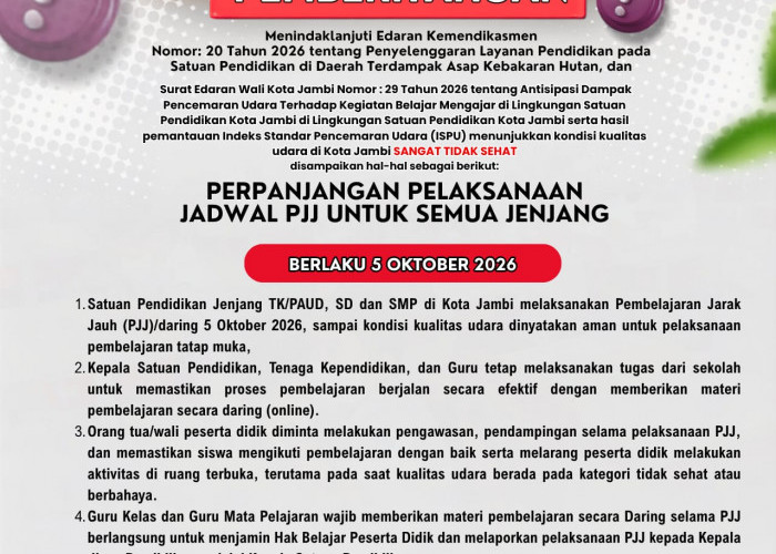 Udara Masih Sangat Tidak Sehat, Pemkot Jambi Perpanjang PJJ Semua Jenjang 
