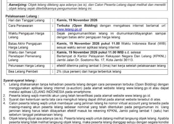 Pengumuman Lelang Ulang Lelang Eksekusi Hak Tanggungan BRI Debitur a.n. Yesi Susanti dan Sulaiman Nur 