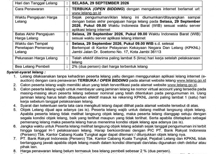 PENGUMUMAN KEDUA LELANG EKSEKUSI HAK TANGGUNGAN BRI DEBITUR ATAS NAMA  ILHAM YUFANDRI dan CV DYFA ANUGRAH