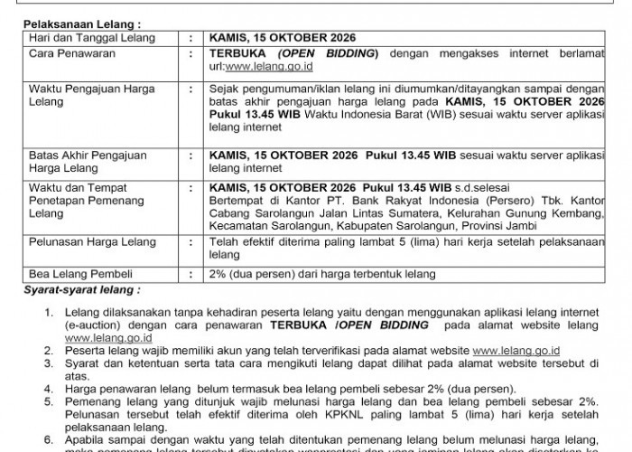 Pengumuman Kedua Lelang Eksekusi Hak Tanggungan BRI Debitur Atas Nama Sita