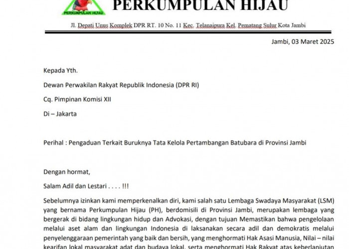 Perkumpulan Hijau Resmi Surati Komisi XII DPR, Desak Investigasi Reklamasi - Moratorium Batu Bara Jambi