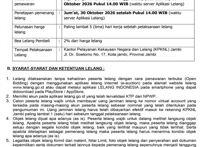 Pengumuman Kedua Lelang Eksekusi Hak Tanggungan BRI Debitur Atas Nama Darmadi
