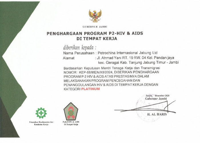 SKK Migas PetroChina Raih Penghargaan Platinum P2HIV/AIDS dari Kemnaker RI dan Gubernur Jambi