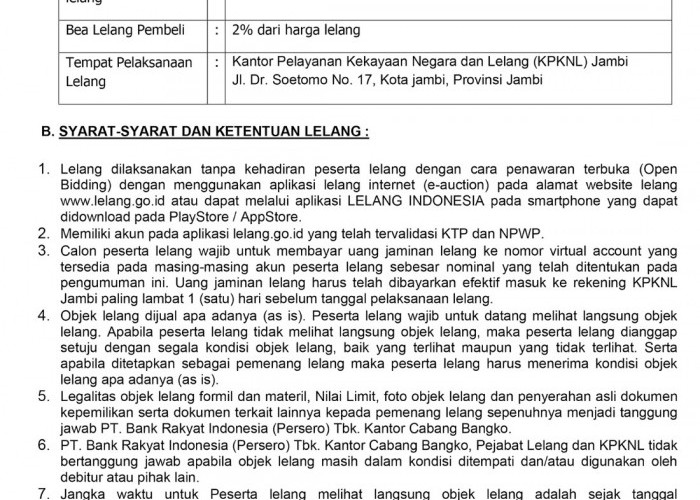 Pengumuman Kedua Lelang Eksekusi Hak Tanggungan BRI Debitur Atas Nama Weni Citra
