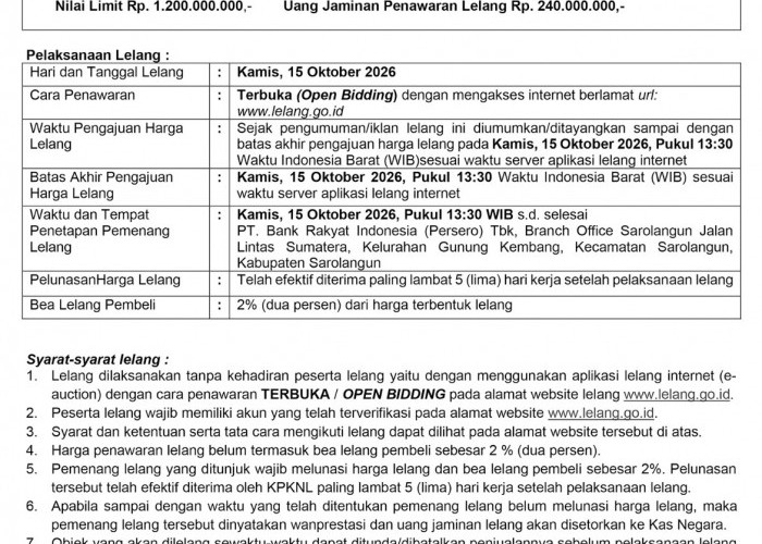 Pengumuman Kedua Lelang Eksekusi Hak Tanggungan BRI Debitur a.n Azwardi Kamal dan PT. Air Biru Indo