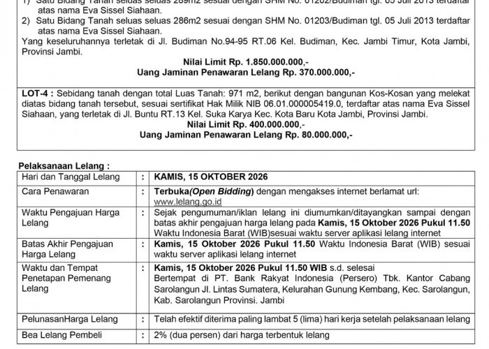 Pengumuman Kedua Lelang Eksekusi Hak Tanggungan BRI Debitur Atas Nama Eva Sissel Siahaan