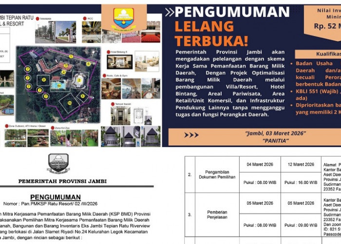 Pemprov Jambi Lelang Terbuka Pengelolaan KSP Eks Tepian Ratu Hotel & Resort, Ini Persyaratan Lelangnya!