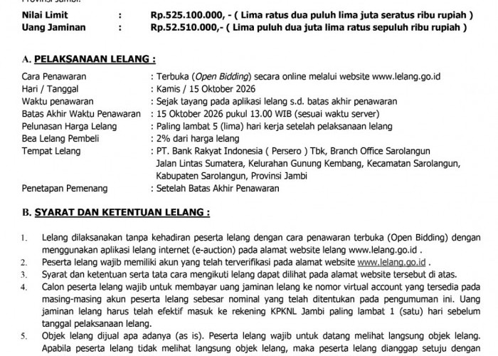 Pengumuman Kedua Lelang Eksekusi Hak Tanggungan BRI Debitur Atas Nama Effendi dan Farudi
