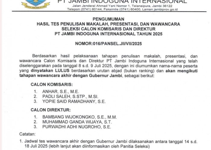 BREAKING NEWS: Ini 3 Besar Nama Calon Komisaris dan Direktur PT.JII Melaju Ke Tahap Wawancara Akhir Gubernur 