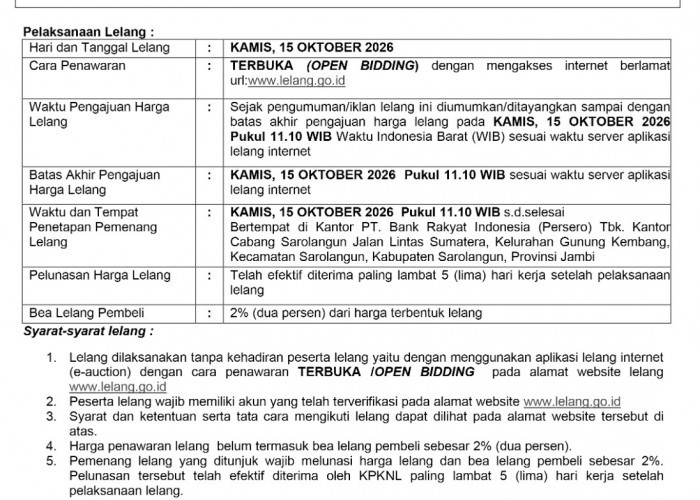 Pengumuman Kedua Lelang Eksekusi Hak Tanggungan BRI Debitur Atas Nama Jerry Martua Posman